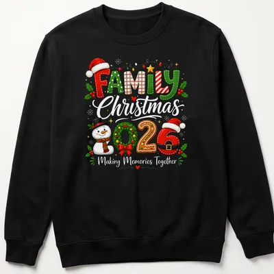 Festive Family 2026 Snowman wreath t-shirt with colorful typography — printed on a unisex sweatshirt