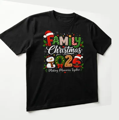 Festive Family 2026 Snowman wreath t-shirt with colorful typography — printed on a unisex t-shirt (angled view)