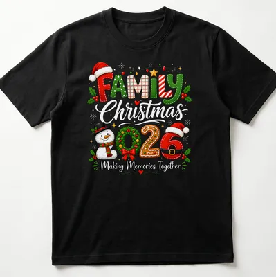 Festive Family 2026 Snowman wreath t-shirt with colorful typography