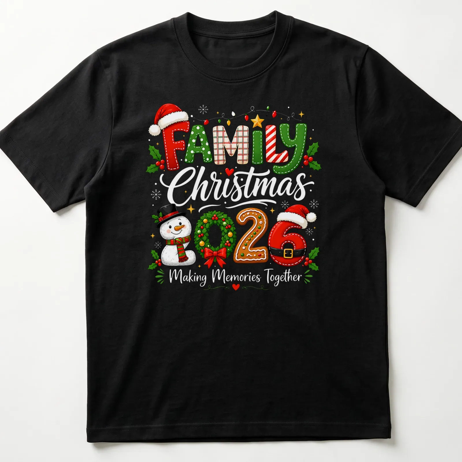 Festive Family 2026 Snowman wreath t-shirt with colorful typography — printed on a unisex t-shirt