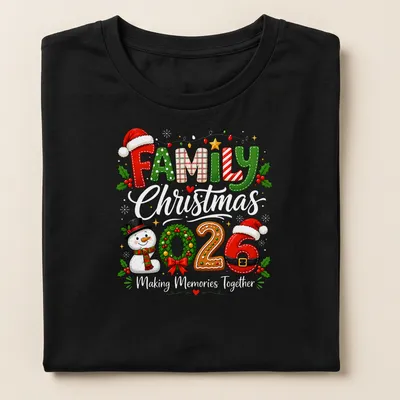 Festive Family 2026 Snowman wreath t-shirt with colorful typography — printed on a women's shirt