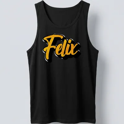 Personalized t-shirt with bold script reading 'Felix' in gold and black — printed on a tank top