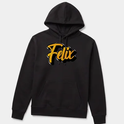 Personalized t-shirt with bold script reading 'Felix' in gold and black — printed on a unisex hoodie
