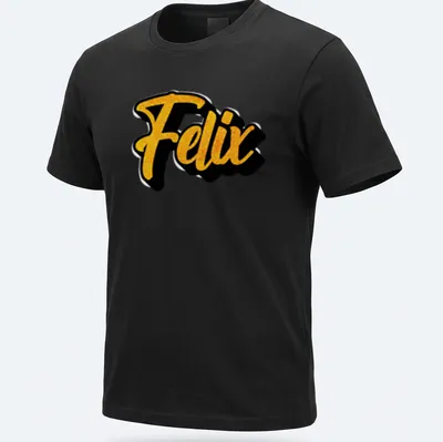 Personalized t-shirt with bold script reading 'Felix' in gold and black