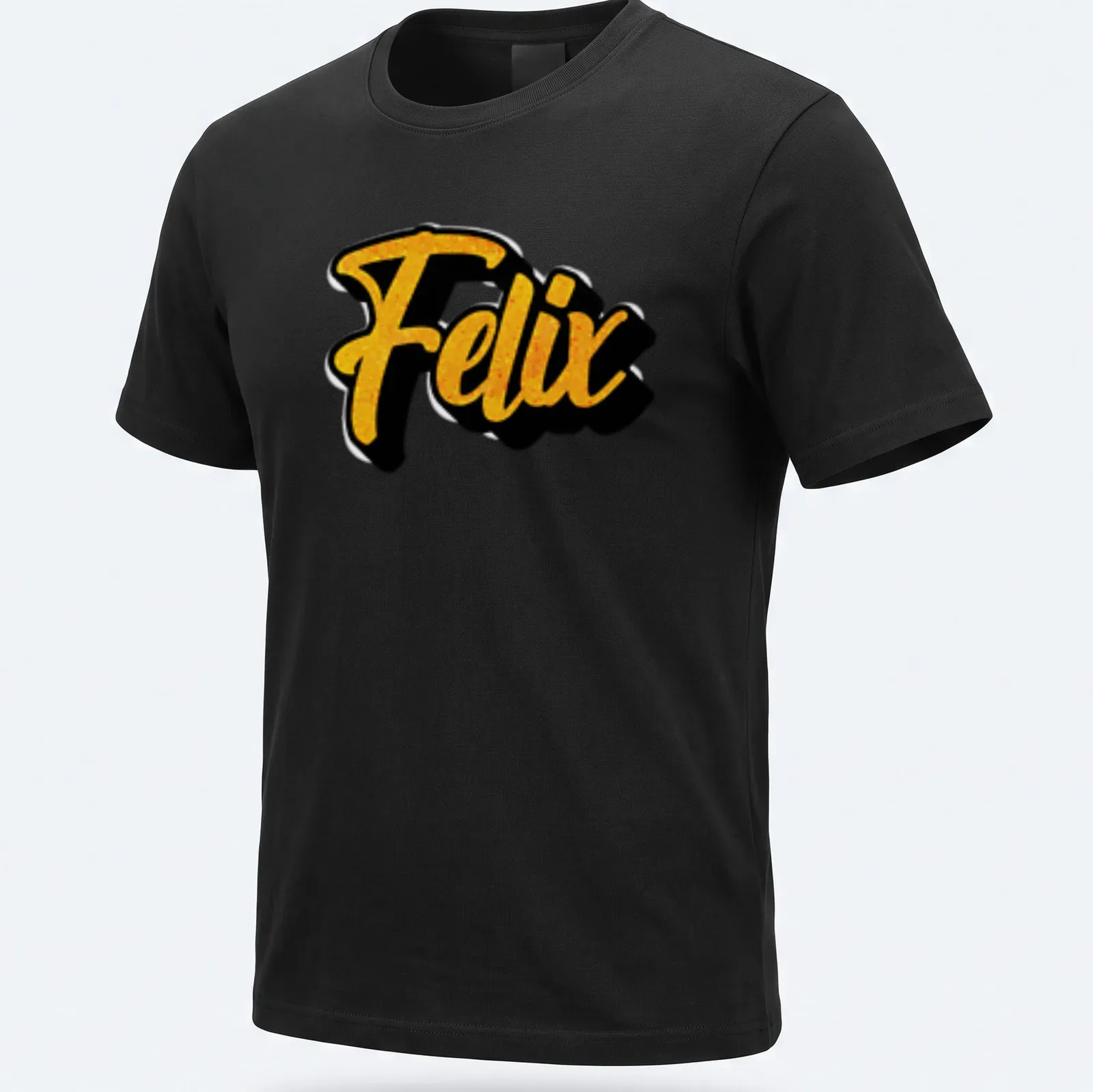 Personalized t-shirt with bold script reading 'Felix' in gold and black — printed on a unisex t-shirt
