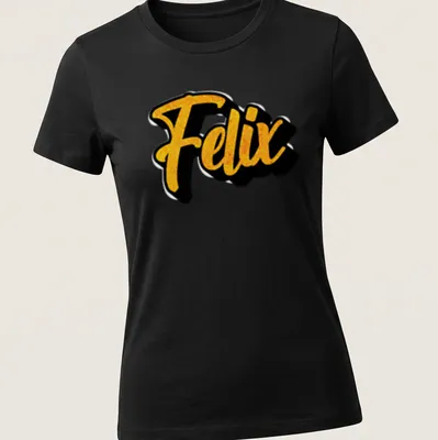 Personalized t-shirt with bold script reading 'Felix' in gold and black — printed on a women's shirt