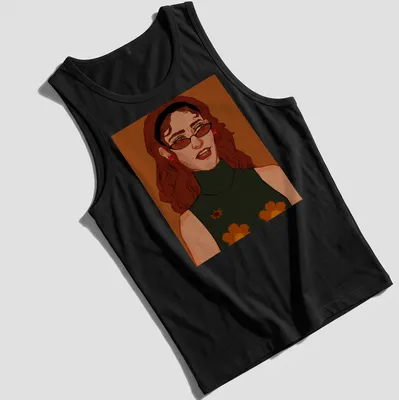 Illustrative T-shirt featuring a woman with glasses and floral accessories in warm colors. — printed on a tank top
