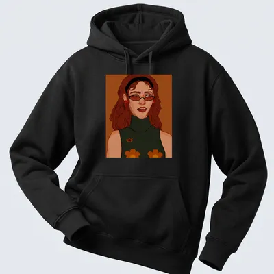 Illustrative T-shirt featuring a woman with glasses and floral accessories in warm colors. — printed on a unisex hoodie