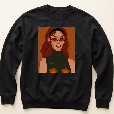 Illustrative T-shirt featuring a woman with glasses and floral accessories in warm colors. — printed on a unisex sweatshirt
