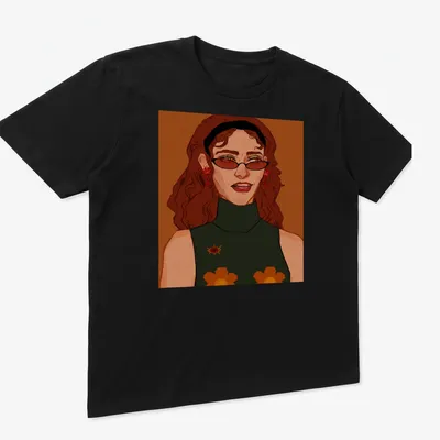 Illustrative T-shirt featuring a woman with glasses and floral accessories in warm colors. — printed on a unisex t-shirt (angled view)