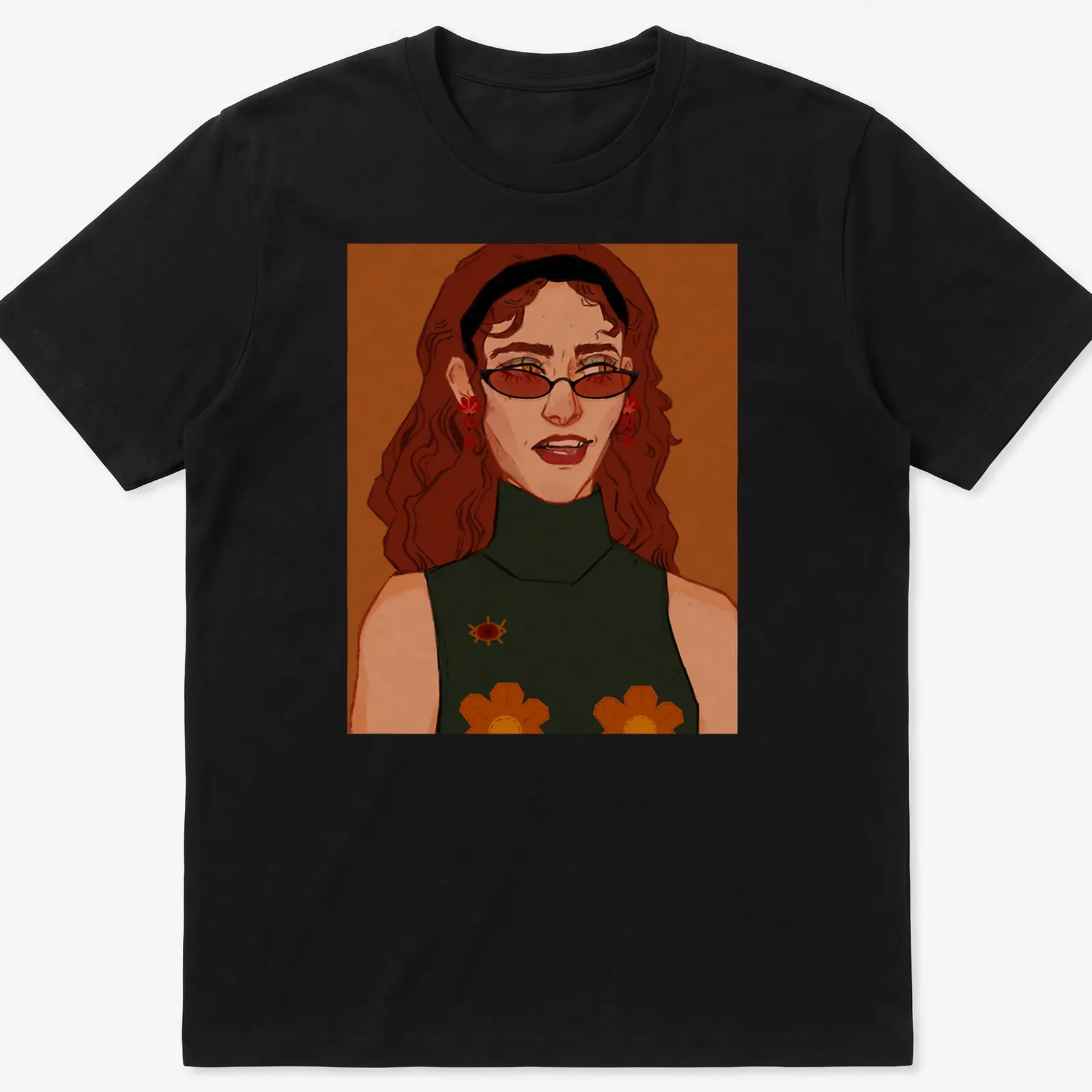 Illustrative T-shirt featuring a woman with glasses and floral accessories in warm colors. — printed on a unisex t-shirt