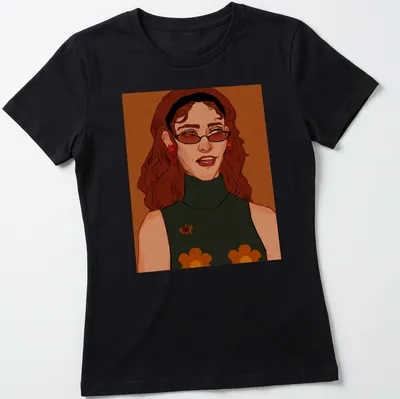 Illustrative T-shirt featuring a woman with glasses and floral accessories in warm colors. — printed on a women's shirt