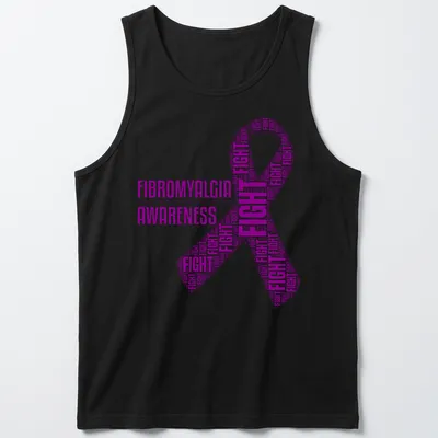 Purple fibromyalgia awareness t-shirt with fight ribbon and text art — printed on a tank top