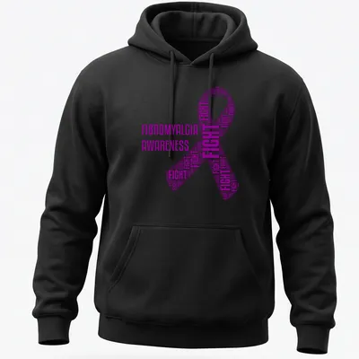 Purple fibromyalgia awareness t-shirt with fight ribbon and text art — printed on a unisex hoodie