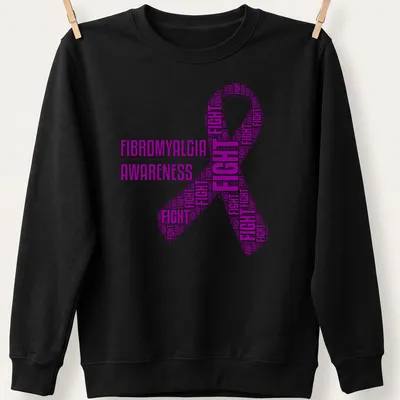 Purple fibromyalgia awareness t-shirt with fight ribbon and text art — printed on a unisex sweatshirt