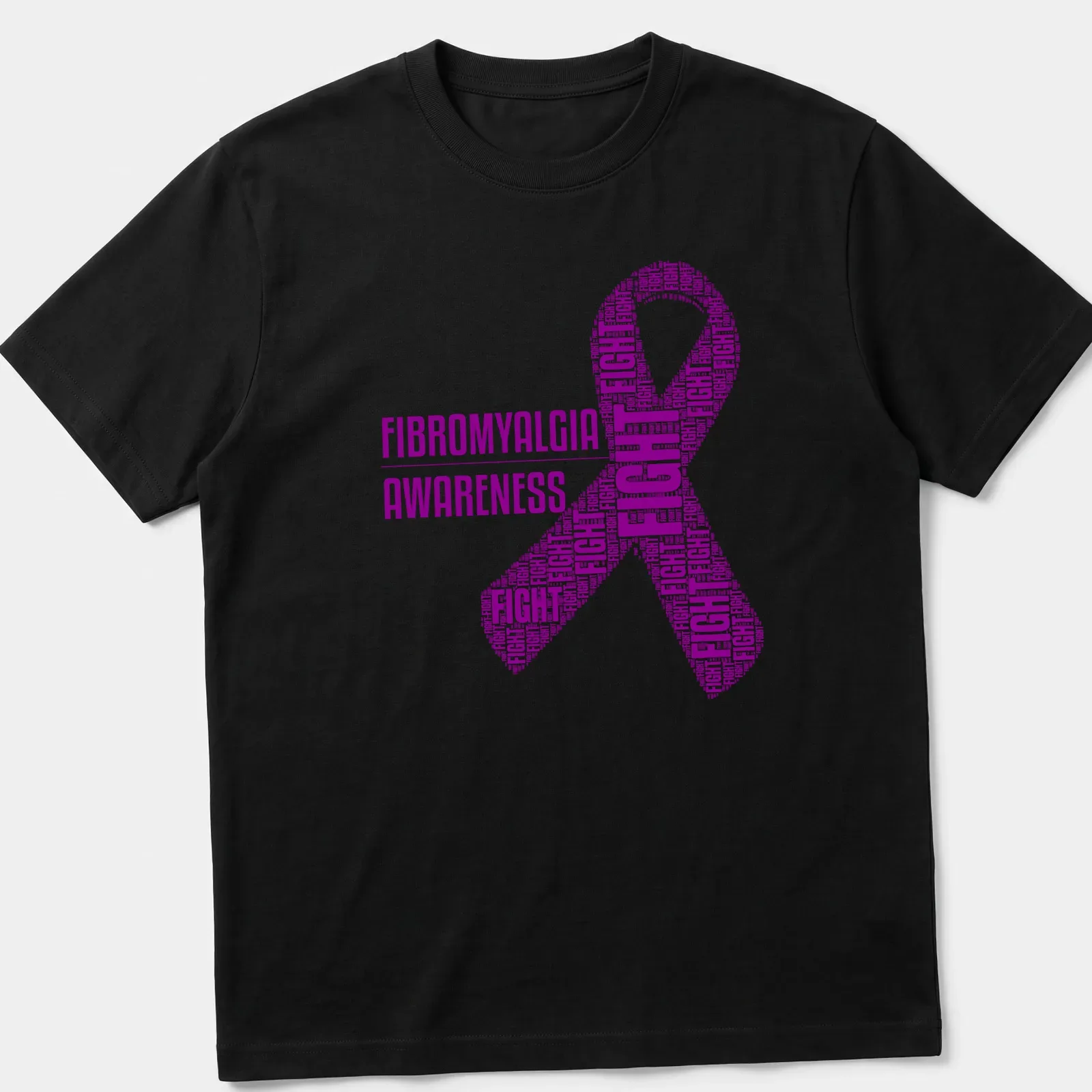 Purple fibromyalgia awareness t-shirt with fight ribbon and text art — printed on a unisex t-shirt