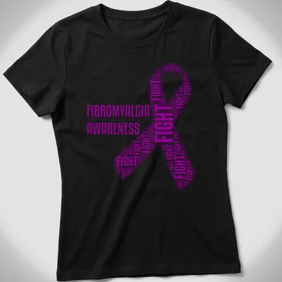 Purple fibromyalgia awareness t-shirt with fight ribbon and text art — printed on a women's shirt