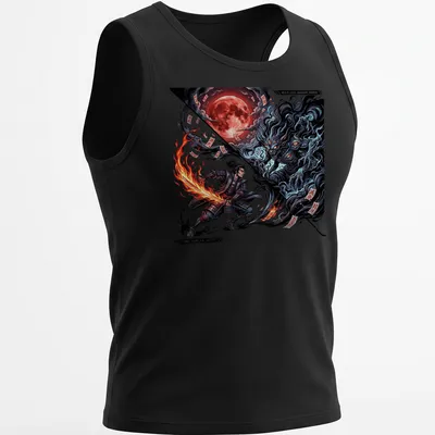 Anime Manga print of a samurai with katana confronting a multi-eyed shadow demon — printed on a tank top