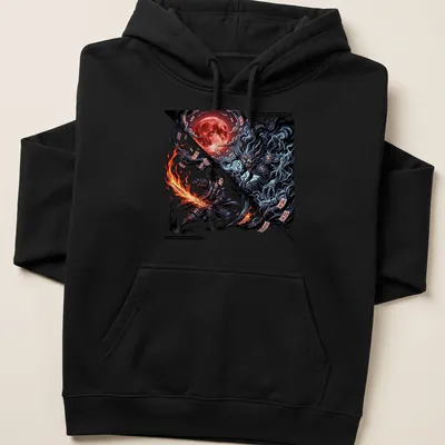 Anime Manga print of a samurai with katana confronting a multi-eyed shadow demon — printed on a unisex hoodie