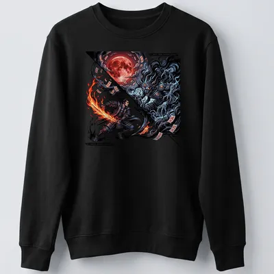 Anime Manga print of a samurai with katana confronting a multi-eyed shadow demon — printed on a unisex sweatshirt