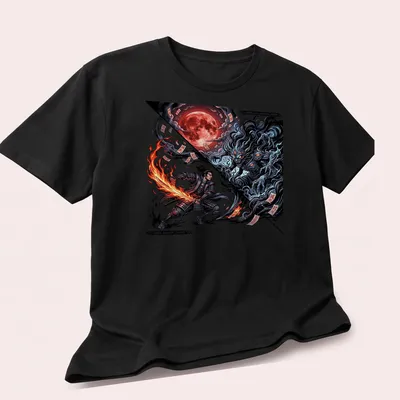 Anime Manga print of a samurai with katana confronting a multi-eyed shadow demon — printed on a unisex t-shirt (angled view)