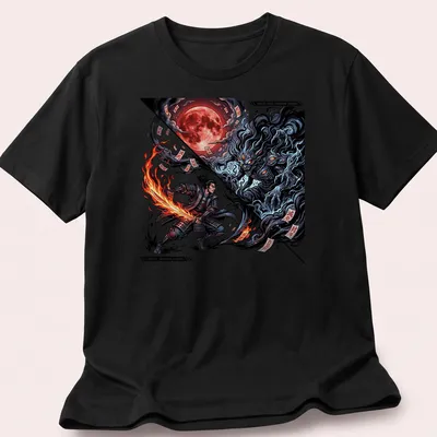 Anime Manga print of a samurai with katana confronting a multi-eyed shadow demon