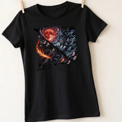 Anime Manga print of a samurai with katana confronting a multi-eyed shadow demon — printed on a women's shirt