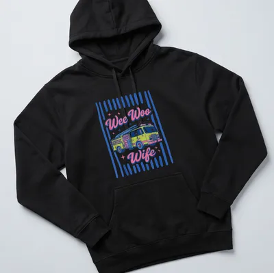 Colorful fire truck shirt with 'Wee Woo Wife' text in playful font — printed on a unisex hoodie
