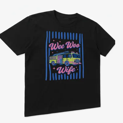 Colorful fire truck shirt with 'Wee Woo Wife' text in playful font — printed on a unisex t-shirt (angled view)