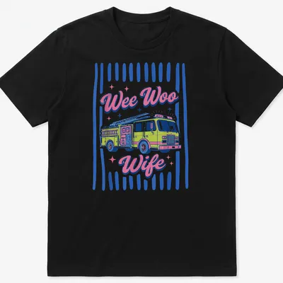 Colorful fire truck shirt with 'Wee Woo Wife' text in playful font