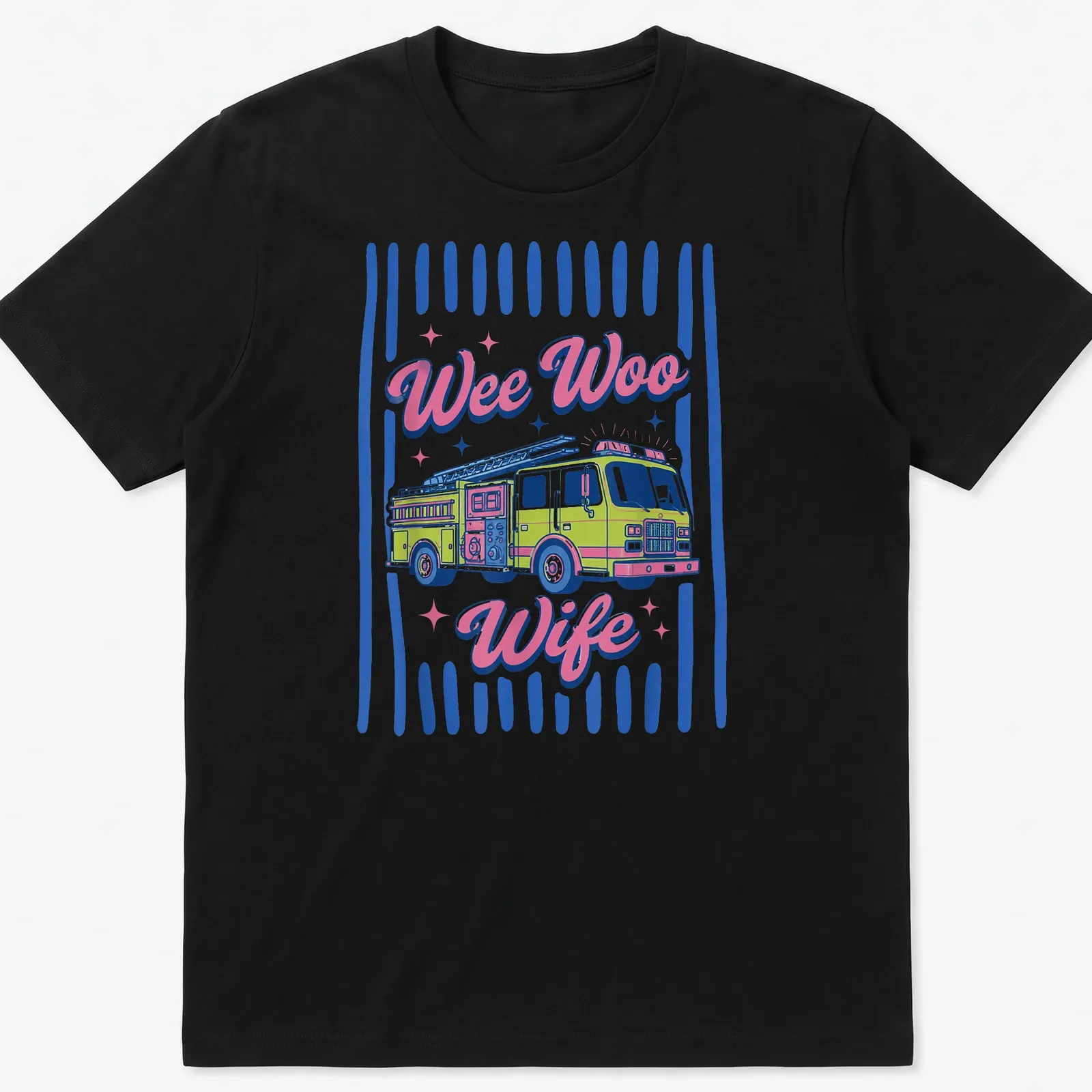 Colorful fire truck shirt with 'Wee Woo Wife' text in playful font — printed on a unisex t-shirt