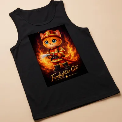 Kawaii illustration of an orange tabby cat dressed as a firefighter with colorful details — printed on a tank top
