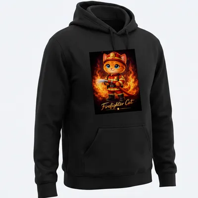 Kawaii illustration of an orange tabby cat dressed as a firefighter with colorful details — printed on a unisex hoodie