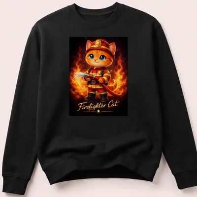 Kawaii illustration of an orange tabby cat dressed as a firefighter with colorful details — printed on a unisex sweatshirt