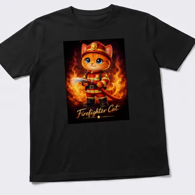 Kawaii illustration of an orange tabby cat dressed as a firefighter with colorful details