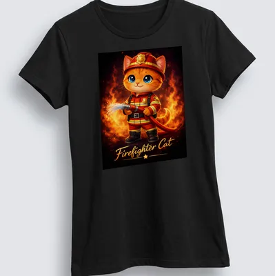 Kawaii illustration of an orange tabby cat dressed as a firefighter with colorful details — printed on a women's shirt