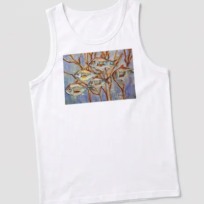 Illustration of fish swimming among branches with the text 'Follow The Leader' — printed on a tank top