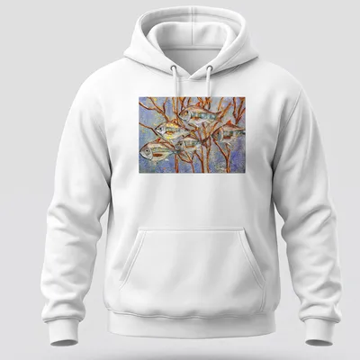 Illustration of fish swimming among branches with the text 'Follow The Leader' — printed on a unisex hoodie