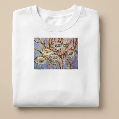 Illustration of fish swimming among branches with the text 'Follow The Leader' — printed on a unisex sweatshirt