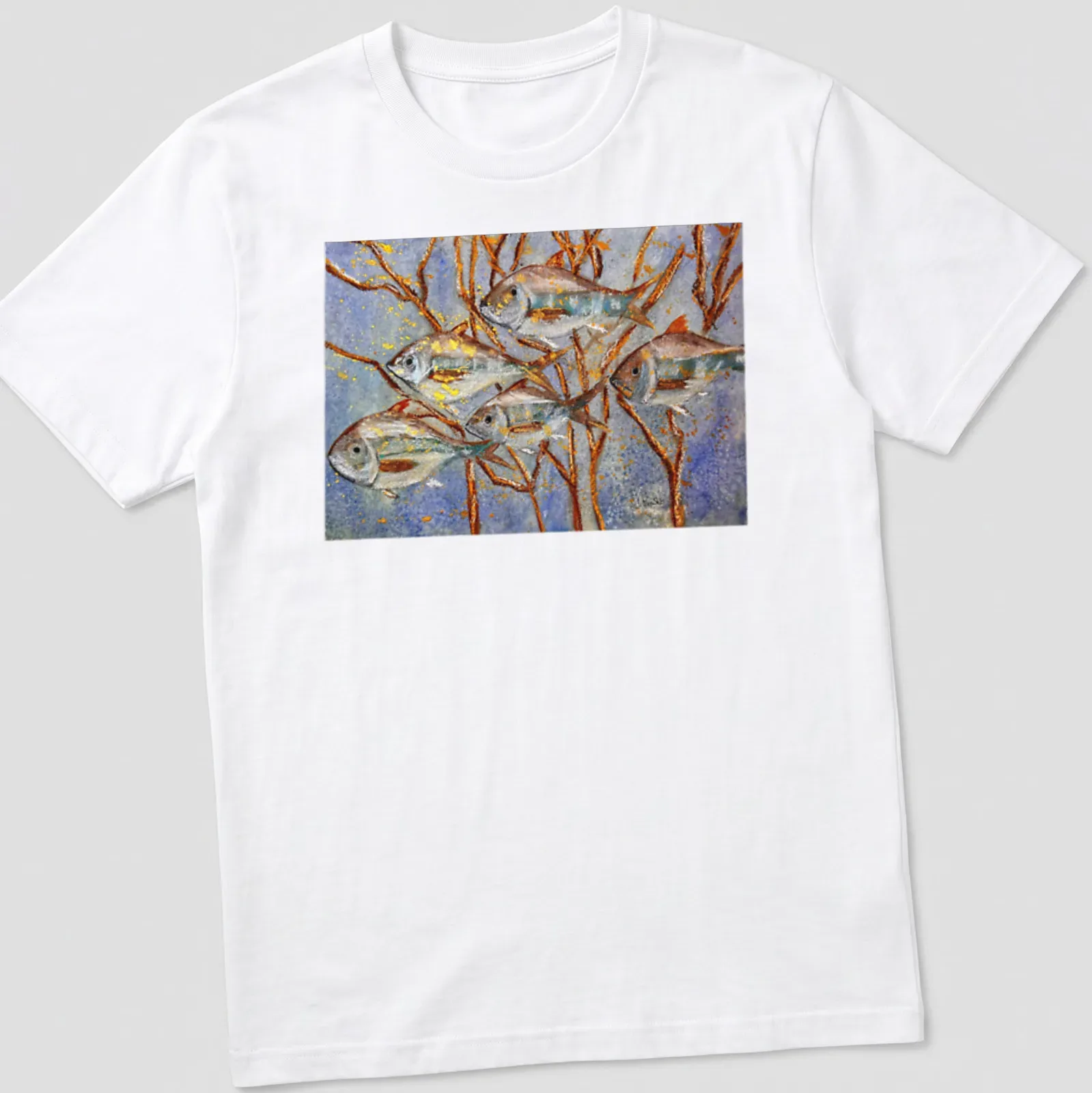 Illustration of fish swimming among branches with the text 'Follow The Leader' — printed on a unisex t-shirt