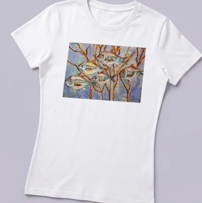 Illustration of fish swimming among branches with the text 'Follow The Leader' — printed on a women's shirt