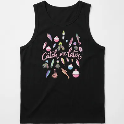 Pastel illustrated fishing lures with playful text 'Catch me later' on a — printed on a tank top