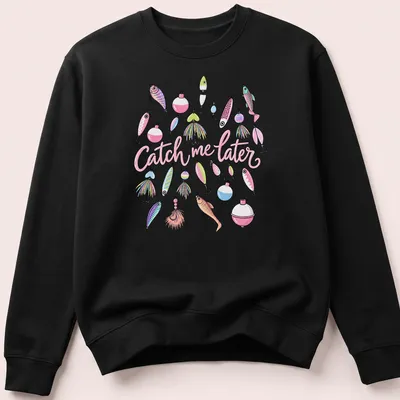 Pastel illustrated fishing lures with playful text 'Catch me later' on a — printed on a unisex sweatshirt