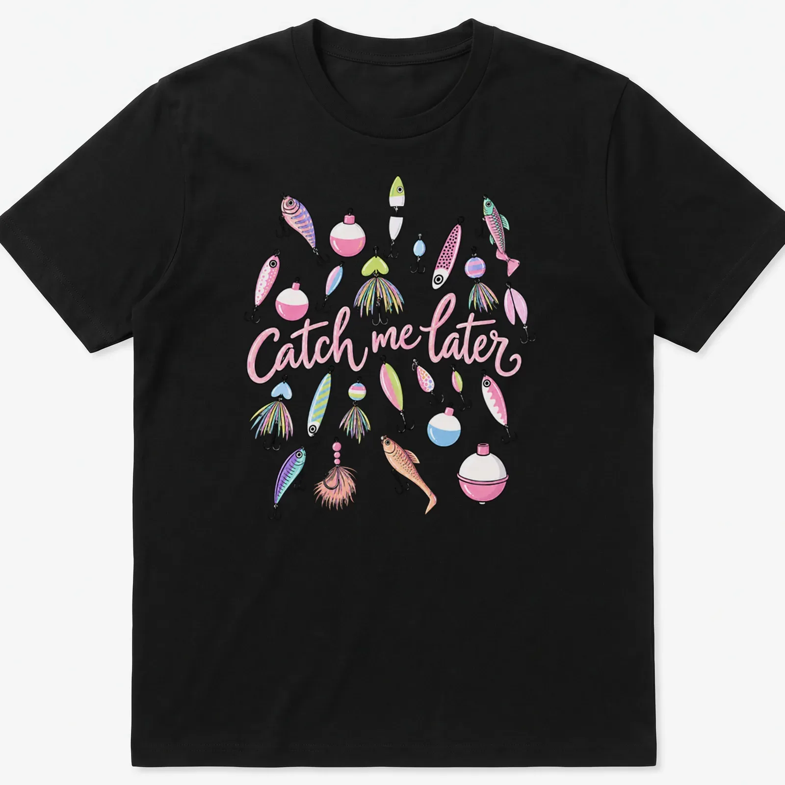 Pastel illustrated fishing lures with playful text 'Catch me later' on a — printed on a unisex t-shirt