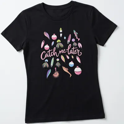 Pastel illustrated fishing lures with playful text 'Catch me later' on a — printed on a women's shirt