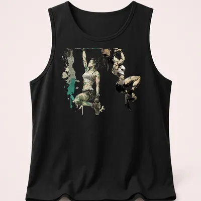 Dynamic illustration of women strength training in green, black, white, and brown — printed on a tank top