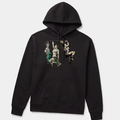 Dynamic illustration of women strength training in green, black, white, and brown — printed on a unisex hoodie
