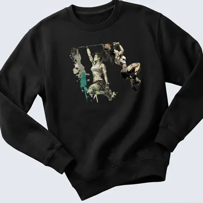 Dynamic illustration of women strength training in green, black, white, and brown — printed on a unisex sweatshirt