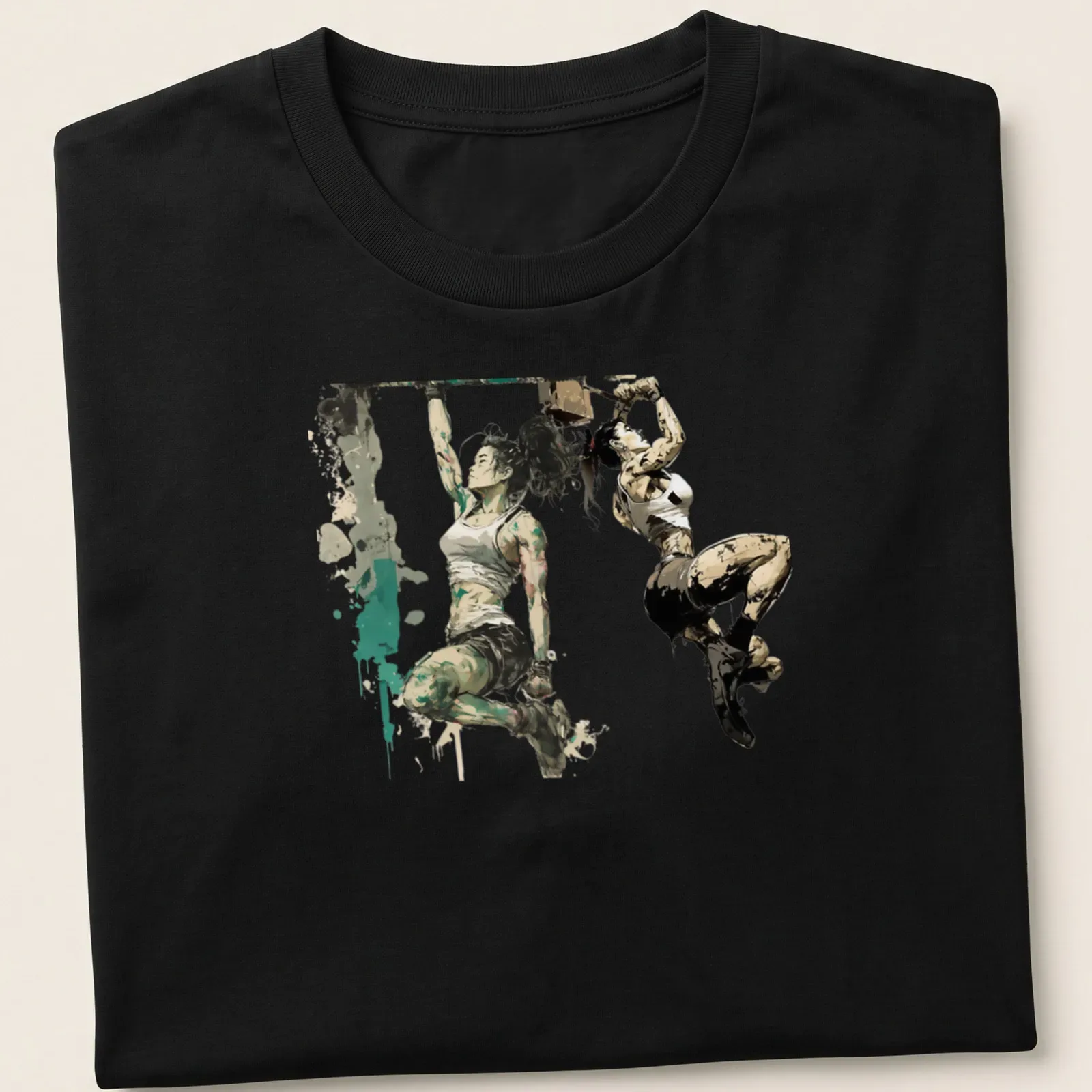 Dynamic illustration of women strength training in green, black, white, and brown — printed on a unisex t-shirt