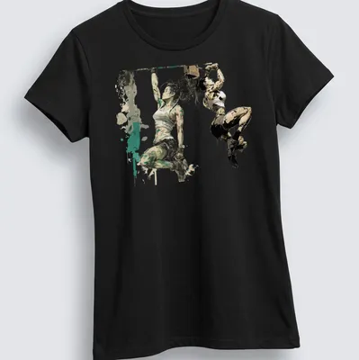 Dynamic illustration of women strength training in green, black, white, and brown — printed on a women's shirt